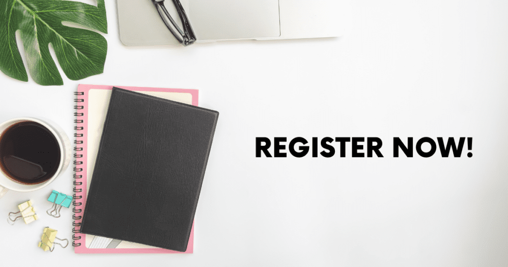 Office supplies and text that says: register now